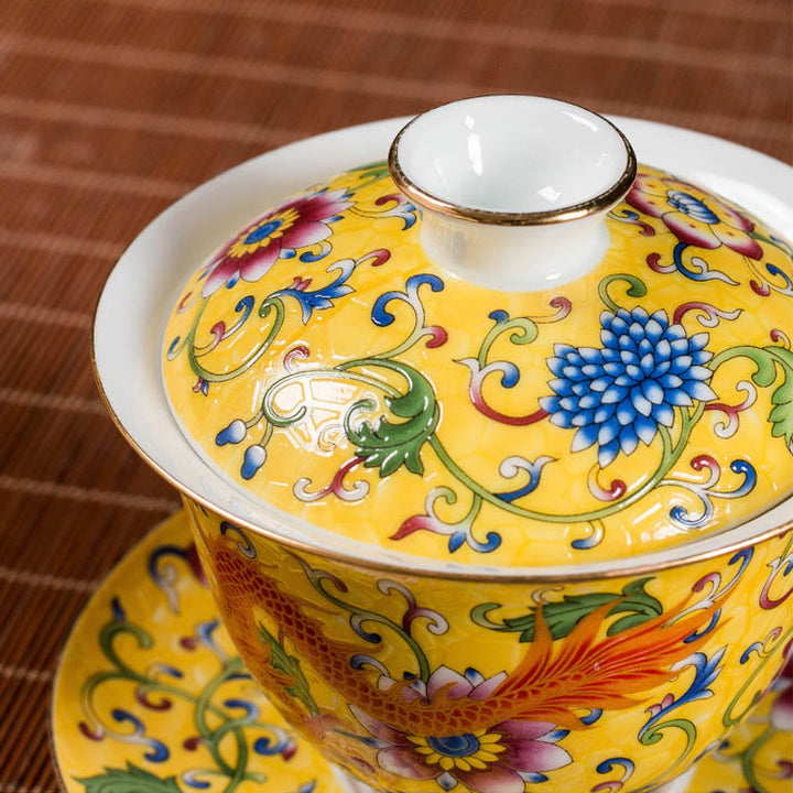 Buddha Stones Smok Feniks Kwiat Projekt Ceramiczny Gaiwan Sancai Filiżanka Kung Fu Filiżanka Do Herbaty I Spodek Z Pokrywką