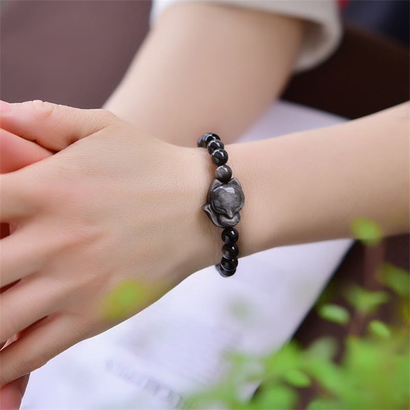 Bransoletka ochronna z naturalnego srebrnego połysku z obsydianu i lisa z Buddha Stones