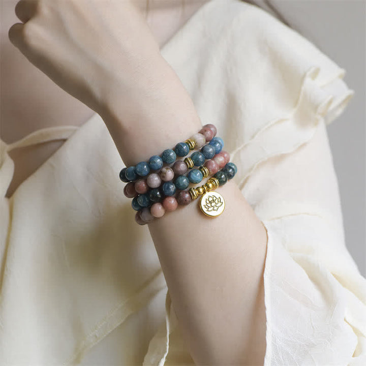 Buddha Stones Lazuryt Picasso Jaspis Amazonit Rodonit Apatyt Pozytywna Bransoletka z Koralików Modlitwy Lotosu