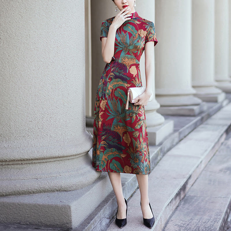 Suknia Qipao z Buddha Stones z jedwabiu w stylu retro z wzorem liści kwiatów i kwiatów, damska sukienka Cheongsam