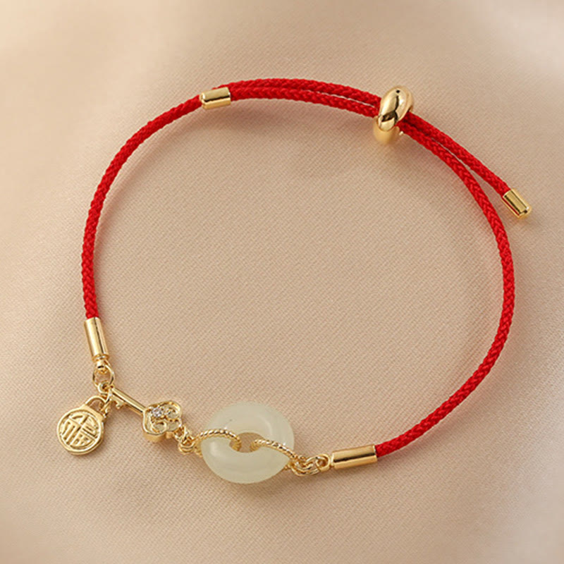 Buddha Stones 18K pozłacane Hetian Jade Peace Buckle Fu Character Luck Red Rope Bracelet