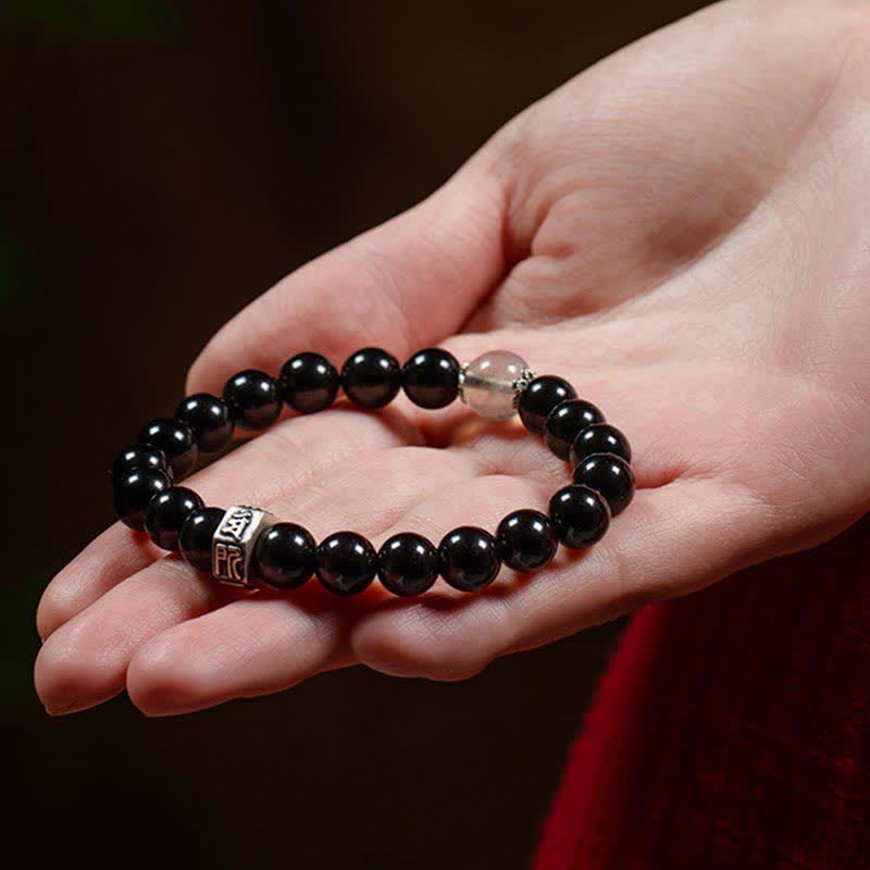 Chiński zodiak Natal Buddha 925 Srebro Sterling Czarny Obsydian Moonstone Bransoletka Siła