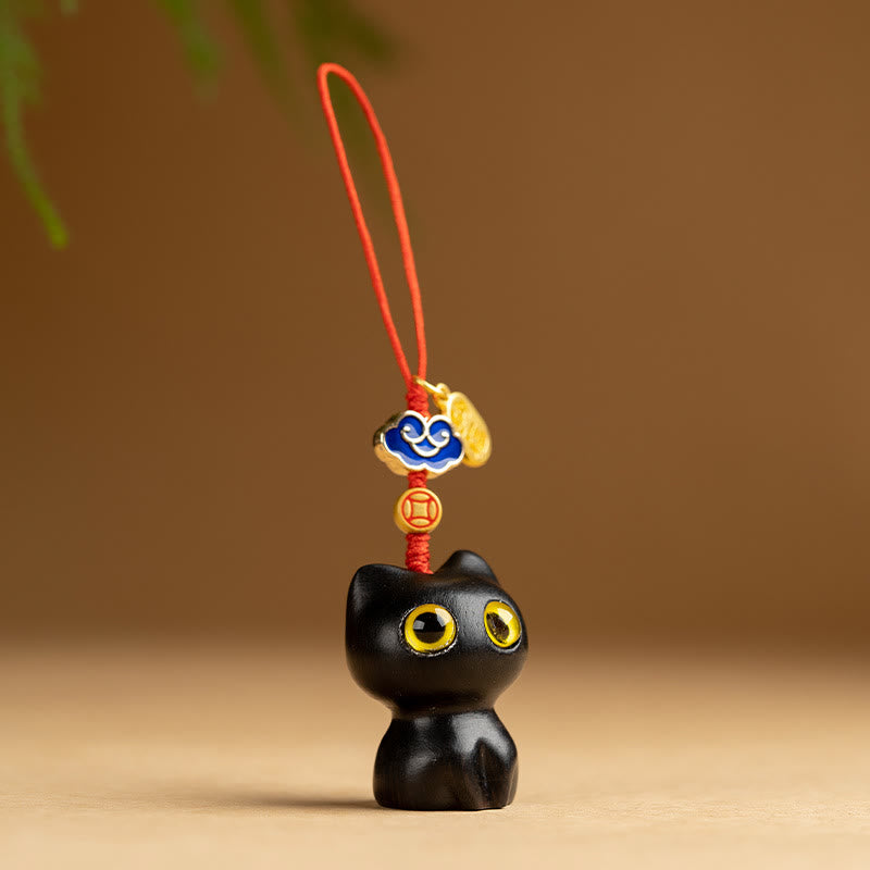 Buddha Stones Mały liść Czerwony sandałowiec Drewno hebanowe Szczęśliwy kot Ochrona Brelok Telefon Wiszący Dekoracja - Czarny kot - Dekoracja do zawieszenia telefonu - image 13