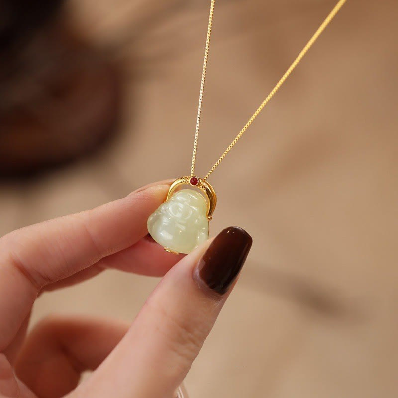 Buddha Stones 925 Srebro Sterling Naturalny Hetian Jade Śmiejący się Budda Obfitość Naszyjnik Łańcuch Wisiorek