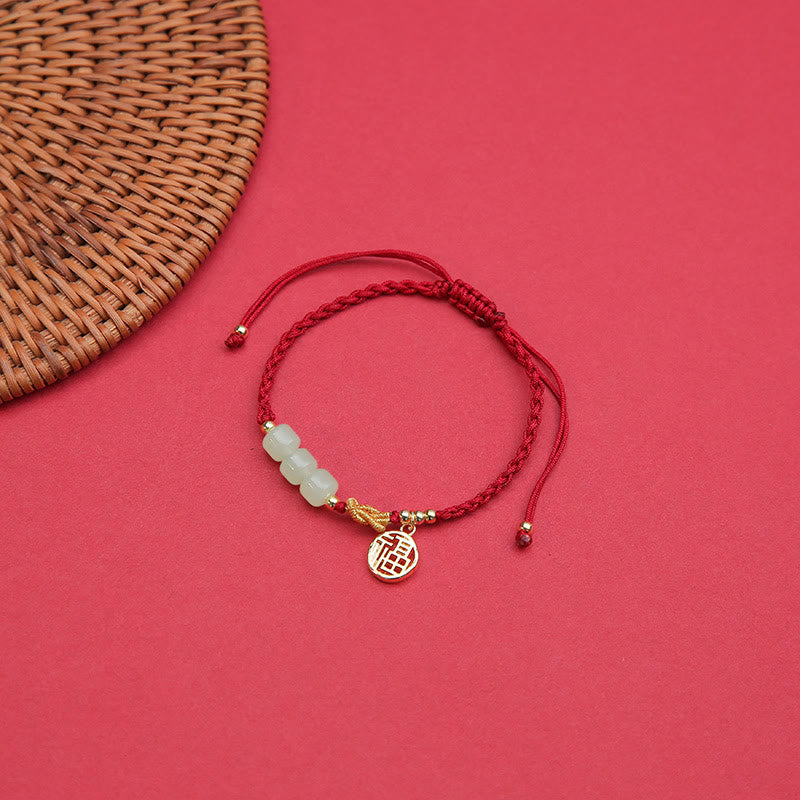 Buddha Stones ręcznie robione koraliki z jadeitu Fu Character Charm bransoletka z czerwoną liną