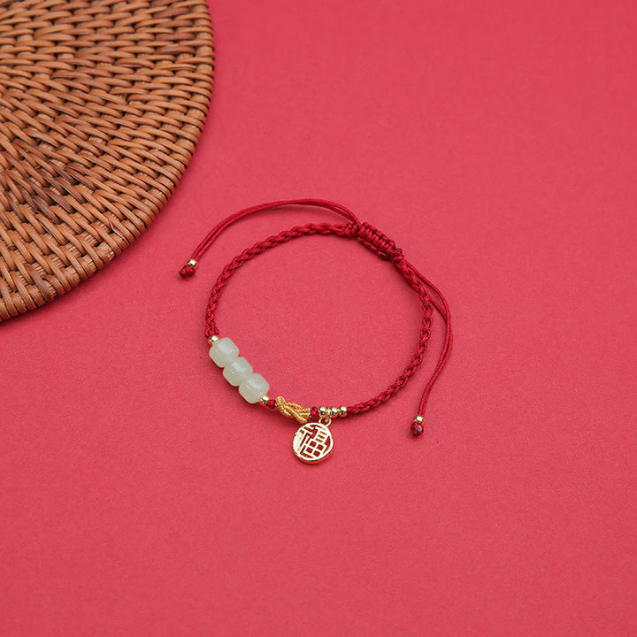 Buddha Stones ręcznie robione koraliki z jadeitu Fu Character Charm bransoletka z czerwoną liną