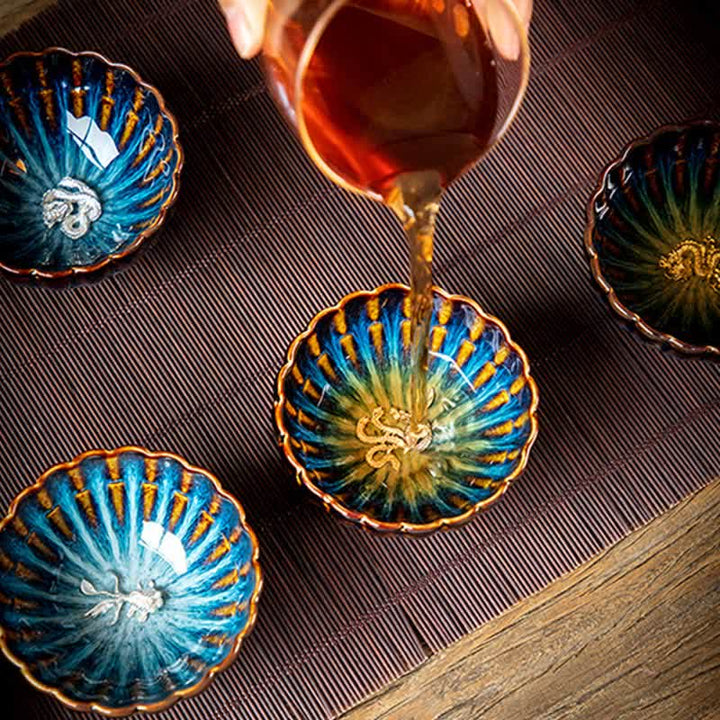 Buddha Stones Lotos Złota Rybka Pomyślny Smok Feniks Ceramiczny Filiżanka Do Herbaty Intarsjowane Filiżanki Do Herbaty 130ml