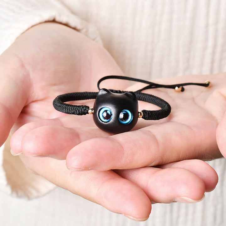 Buddha Stones Drewno Hebanowe Głowa Kota Wzór Pokoju King Kong Węzeł Bransoletka Pleciona - image 18