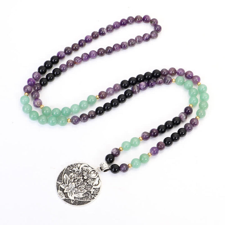 Buddha Stones 108 Mala Beads Ametyst Zielony Awenturyn Lotus Medytacyjna Bransoletka