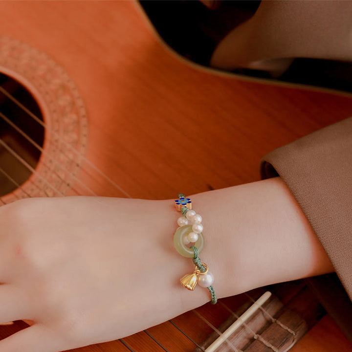 Buddha Stones Naturalny Jadeit Hetian Klamra Pokoju Perła Szczęścia Ręcznie Robiona Bransoletka Pleciona