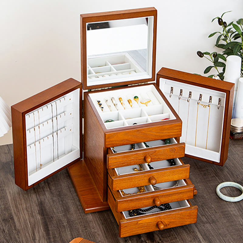 Buddha Stones Vintage Duża Pojemność Drewniane Pudełko na Biżuterię Pudełko Do Przechowywania Biżuterii Z Lustrem