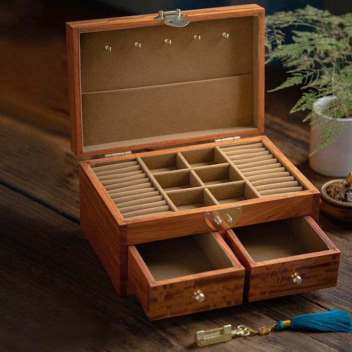 Antyczne ręcznie robione pudełko do przechowywania biżuterii z palisandru, zamykane, duże, dwuwarstwowe, drewniane pudełko na prezenty z kwiatami