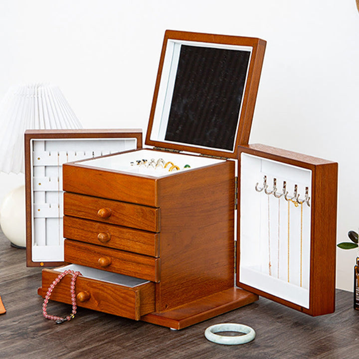 Buddha Stones Vintage Duża Pojemność Drewniane Pudełko na Biżuterię Pudełko Do Przechowywania Biżuterii Z Lustrem