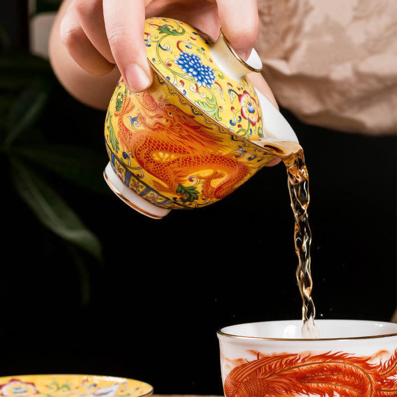 Buddha Stones Smok Feniks Kwiat Projekt Ceramiczny Gaiwan Sancai Filiżanka Kung Fu Filiżanka Do Herbaty I Spodek Z Pokrywką