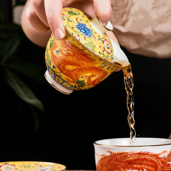 Buddha Stones Smok Feniks Kwiat Projekt Ceramiczny Gaiwan Sancai Filiżanka Kung Fu Filiżanka Do Herbaty I Spodek Z Pokrywką