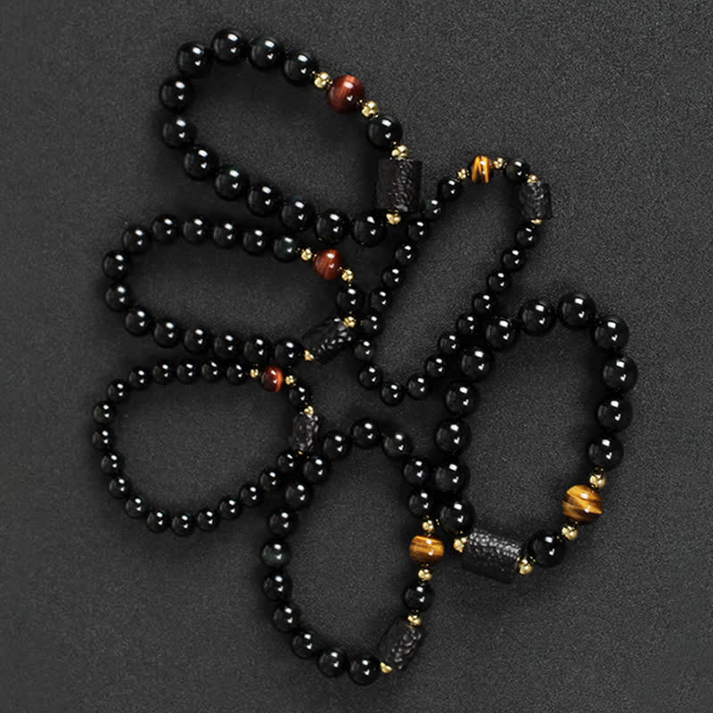 Bransoletka dla par z czarnego obsydianu i drewna hebanowego, czerwonego tygrysiego oka