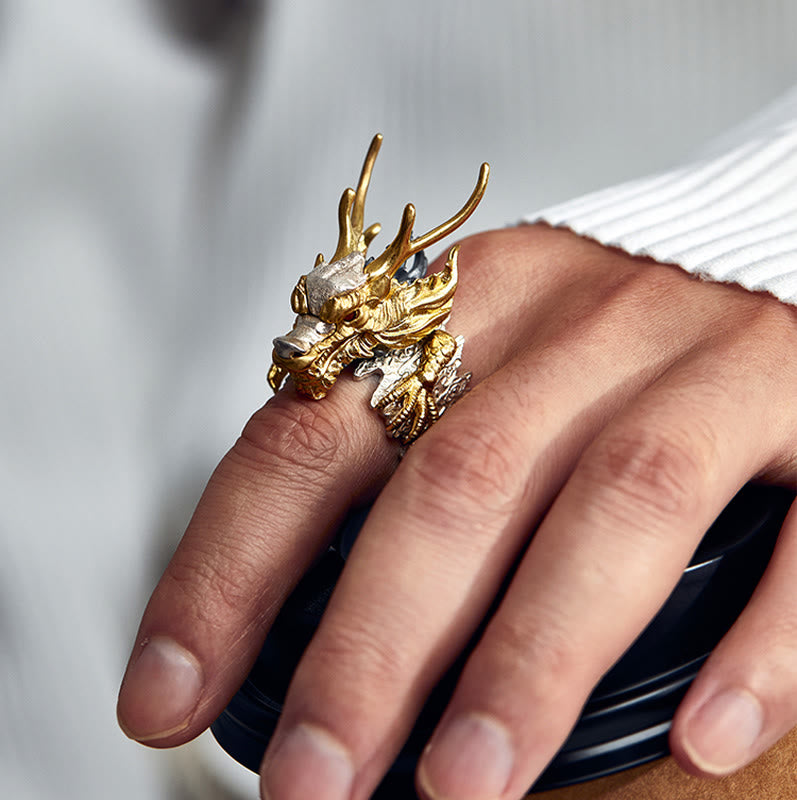 Buddha Stones 925 Srebro Sterling Smok Szczęście Sukces Ochrona Regulowany Pierścień Wisiorek