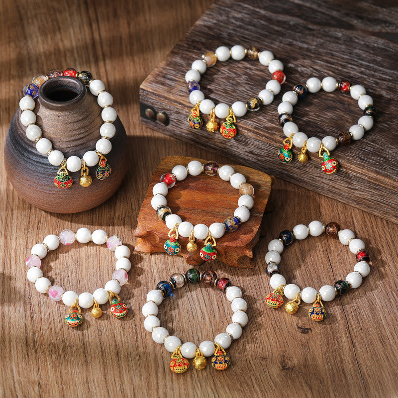 Buddha Stones Złoty Połykający Bestia Rodzina Charm Liuli Szkło Kolorowa Porcelanowa Koralik Bransoletka Szczęścia