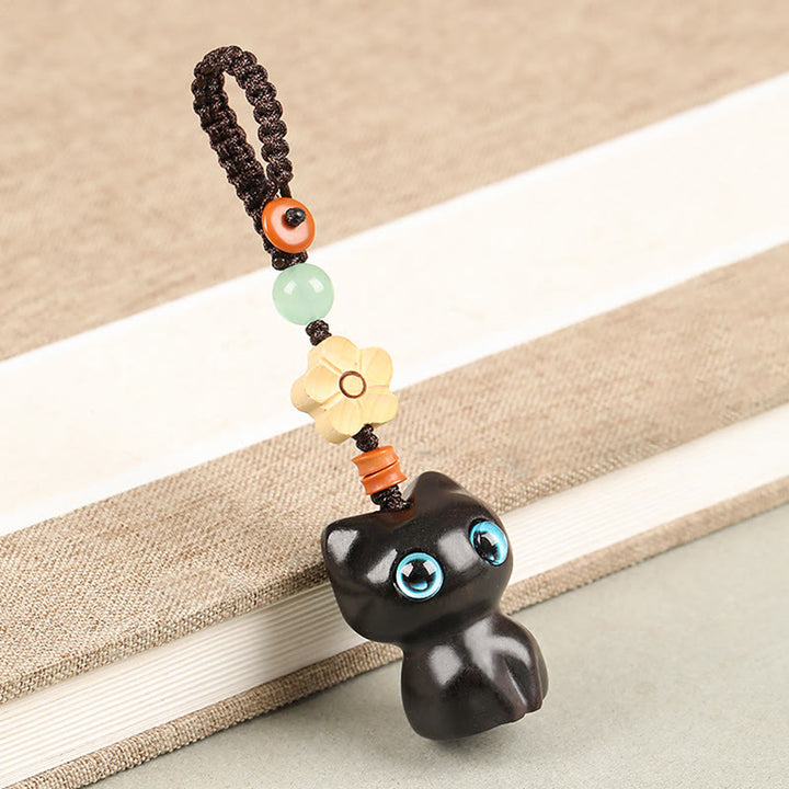 Buddha Stones Mini Mały Liść Czerwony Sandałowiec Drewno Hebanowe Szczęśliwy Kot Piękny Kotek Pokój Brelok Telefon Wiszący Dekoracja - Brelok do kluczy - Czarny kot - image 3
