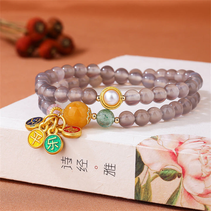 Bransoletka Buddha Stones Natural Grey Agat Peace And Joy Charm Balance Double Wrap