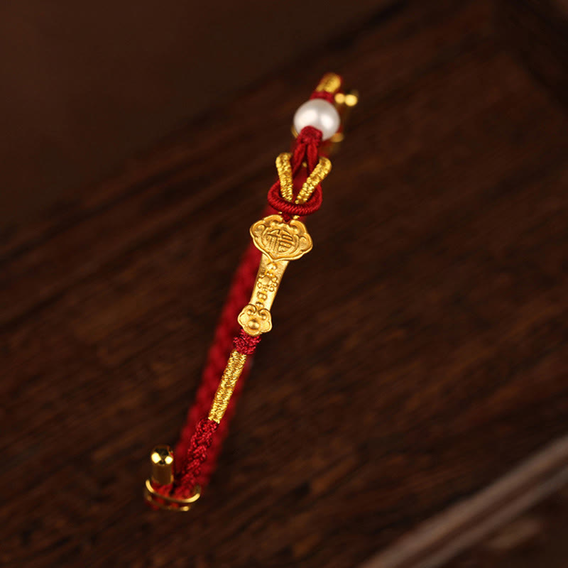 Buddha Stones 24K Złoty Uchwyt Życzenia Ruyi Fu Charakter Królik Perła Szczęście Bransoletka Pleciona