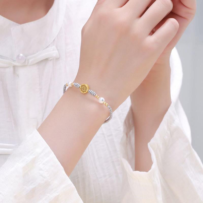 Buddha Stones Miedziana Moneta Drzewko Fortuny Perła Szczęścia Bransoletka Pleciona Niebieska Lina