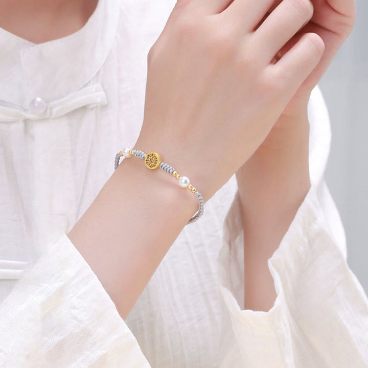 Buddha Stones Miedziana Moneta Drzewko Fortuny Perła Szczęścia Bransoletka Pleciona Niebieska Lina