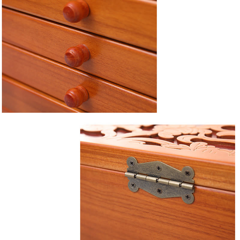 Buddha Stones Duża pojemność Vintage Kwiaty Rzeźbione Drewniane Pudełko na Biżuterię Sześciowarstwowe Pudełko do Przechowywania Biżuterii - image 13