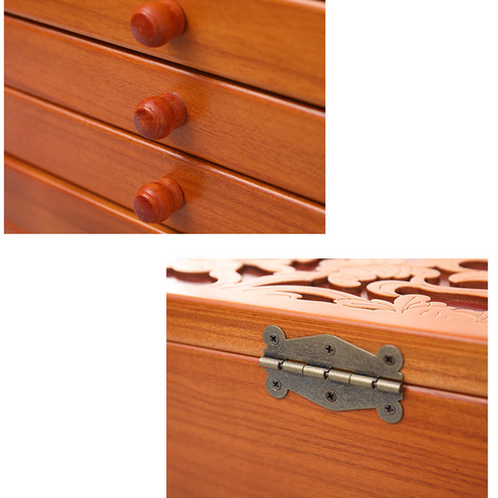 Buddha Stones Duża pojemność Vintage Kwiaty Rzeźbione Drewniane Pudełko na Biżuterię Sześciowarstwowe Pudełko do Przechowywania Biżuterii - image 13