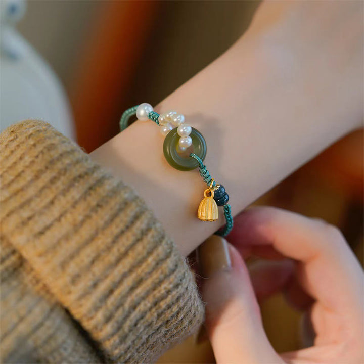 Buddha Stones Naturalny Jadeit Hetian Klamra Pokoju Perła Szczęścia Ręcznie Robiona Bransoletka Pleciona