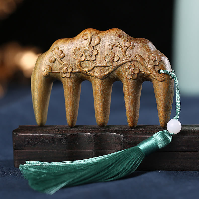 Zielony sandałowiec, kwiaty śliwy, lotos, ryba koi, grawerowany uspokajający grzebień z frędzlami