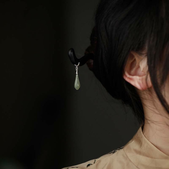 Buddha Stones 925 Srebro Sterling Naturalny Hetian Jade Drewno Hebanowe Talizman Szczęścia Spinka Do Włosów