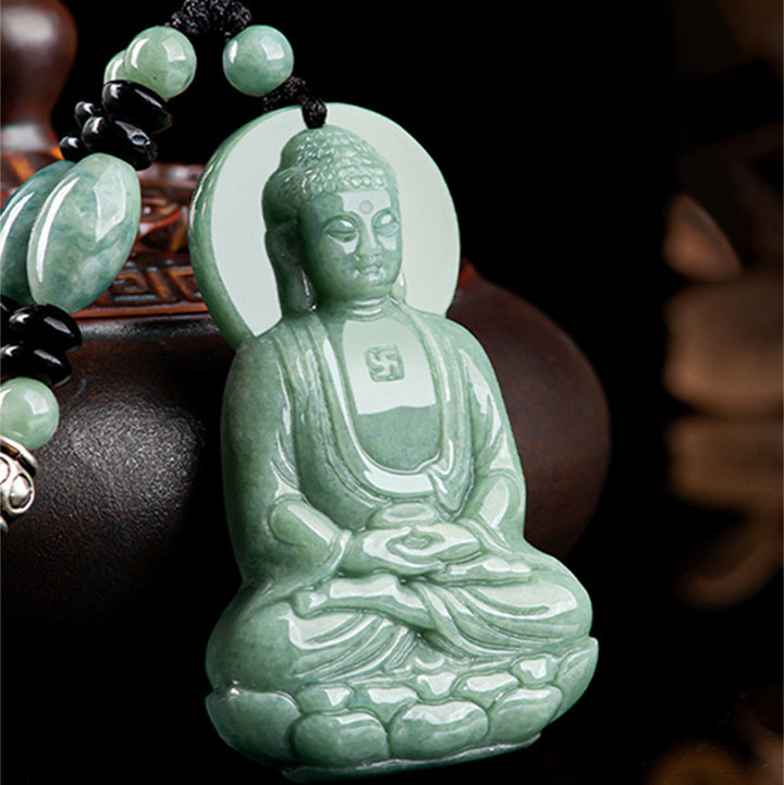 Buddha Stones Amitabha Budda Jadeitowy Amulet Naszyjnik ze Sznurka Współczucia - image 2