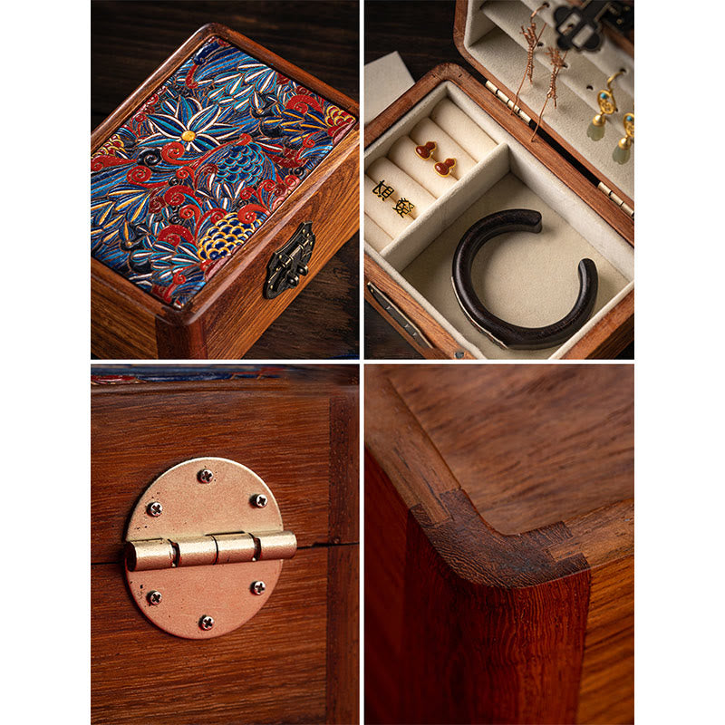 Retro ręcznie robiony kwiatowy wzór palisandrowy pojemnik na biżuterię zamykany na klucz drewniany organizer na prezenty