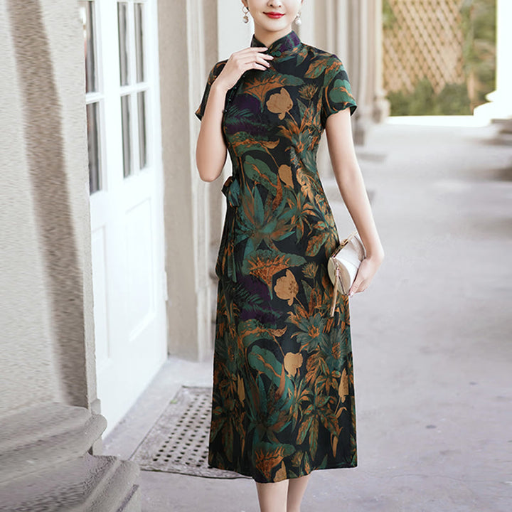 Suknia Qipao z Buddha Stones z jedwabiu w stylu retro z wzorem liści kwiatów i kwiatów, damska sukienka Cheongsam