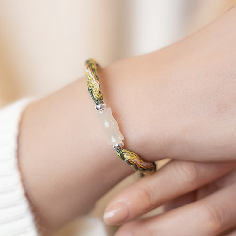 Bransoletka sznurkowa z białego jadeitu, bambusa, węzła reinkarnacji, bogactwa i szczęścia