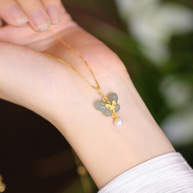 Buddha Stones 925 Srebro Sterling Naturalny Hetian Jade Cyan Jade Szczęście Śmiejący się Budda Motyl Naszyjnik Wisiorek - Perła Motyla - image 34