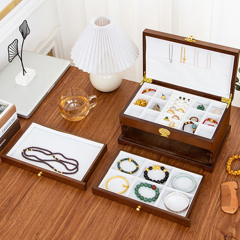 Drewniane pudełko na biżuterię w stylu retro z Buddha Stones, trójwarstwowe pudełko do przechowywania biżuterii