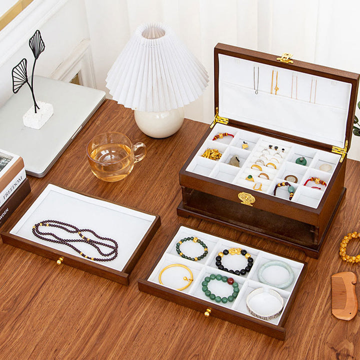Drewniane pudełko na biżuterię w stylu retro z Buddha Stones, trójwarstwowe pudełko do przechowywania biżuterii
