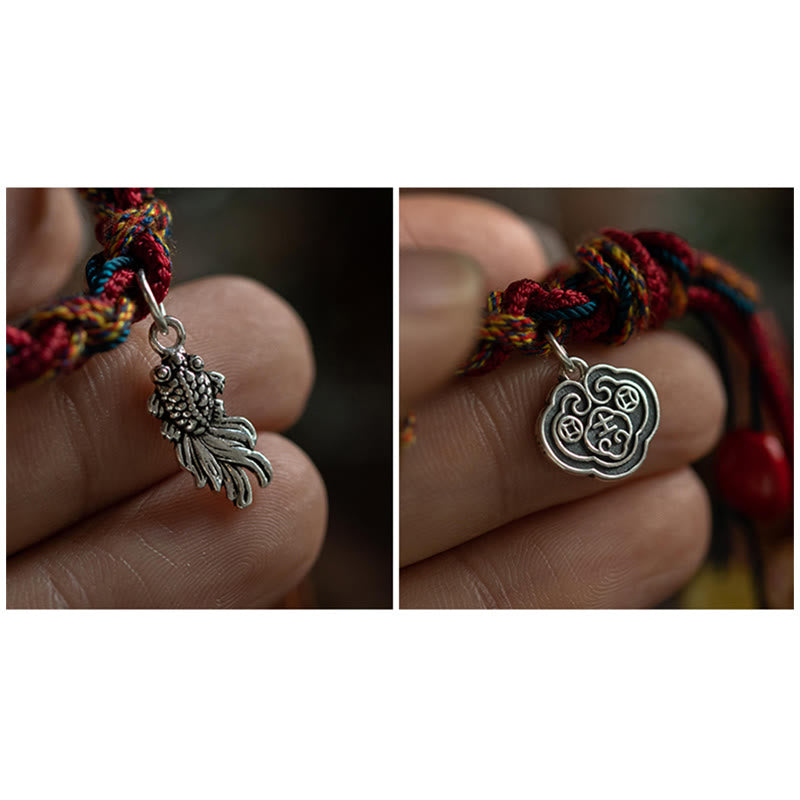 Buddha Stones Tybetańskie Ręcznie Robione Kolorowe Nici 925 Srebro Sterling Ochrona Ryb Koi Siła Bransoletka Sznurkowa