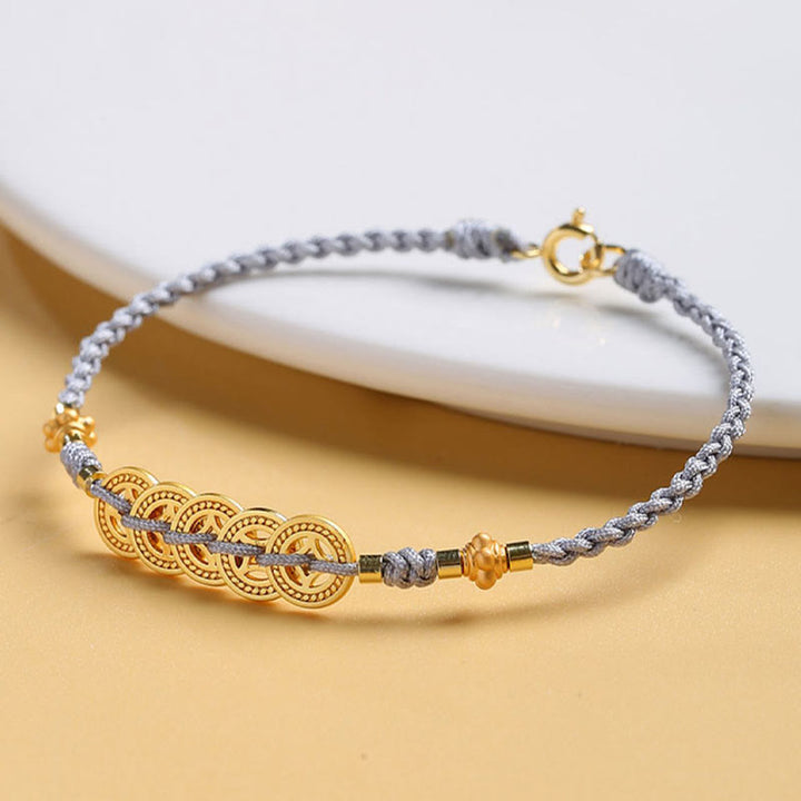 Buddha Stones Miedziana Moneta Drzewko Fortuny Perła Szczęścia Bransoletka Pleciona Niebieska Lina