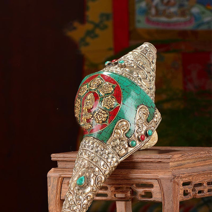 Tybetański ręcznie grawerowany Shankha Double Dorje Budda Conch Shell Wealth Pozytywna dekoracja
