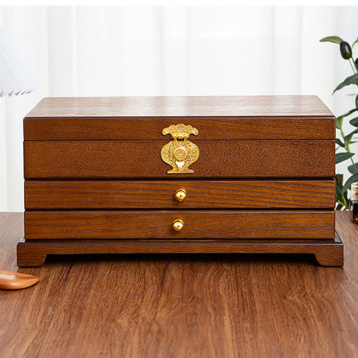 Drewniane pudełko na biżuterię w stylu retro z Buddha Stones, trójwarstwowe pudełko do przechowywania biżuterii