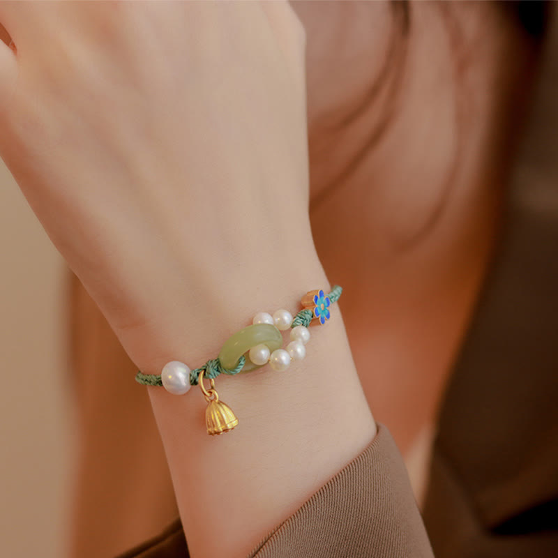 Buddha Stones Naturalny Jadeit Hetian Klamra Pokoju Perła Szczęścia Ręcznie Robiona Bransoletka Pleciona