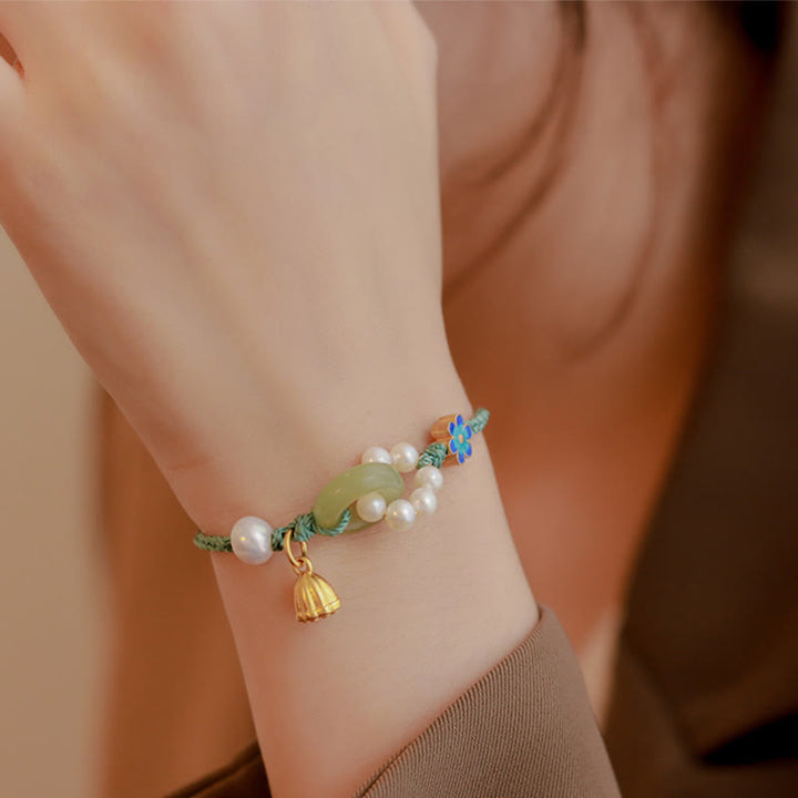 Buddha Stones Naturalny Jadeit Hetian Klamra Pokoju Perła Szczęścia Ręcznie Robiona Bransoletka Pleciona