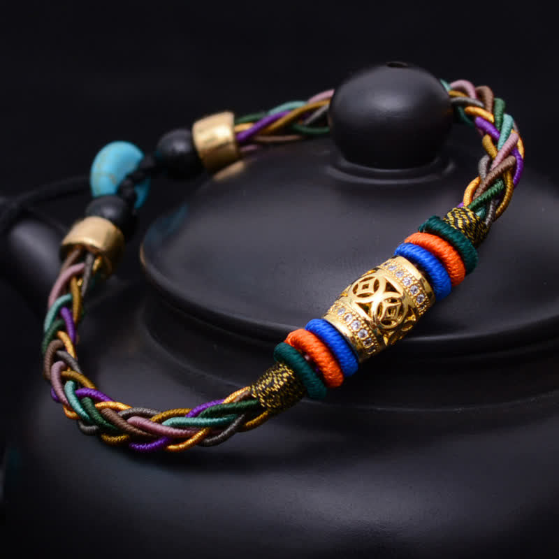 Buddha Stones Tybetańskie Ręcznie Robione Osiem Węzłów Węzeł Miedziany Moneta Szczęścia Bransoletka Sznurkowa - Moneta miedziana (obwód nadgarstka 15-18 cm) - image 0