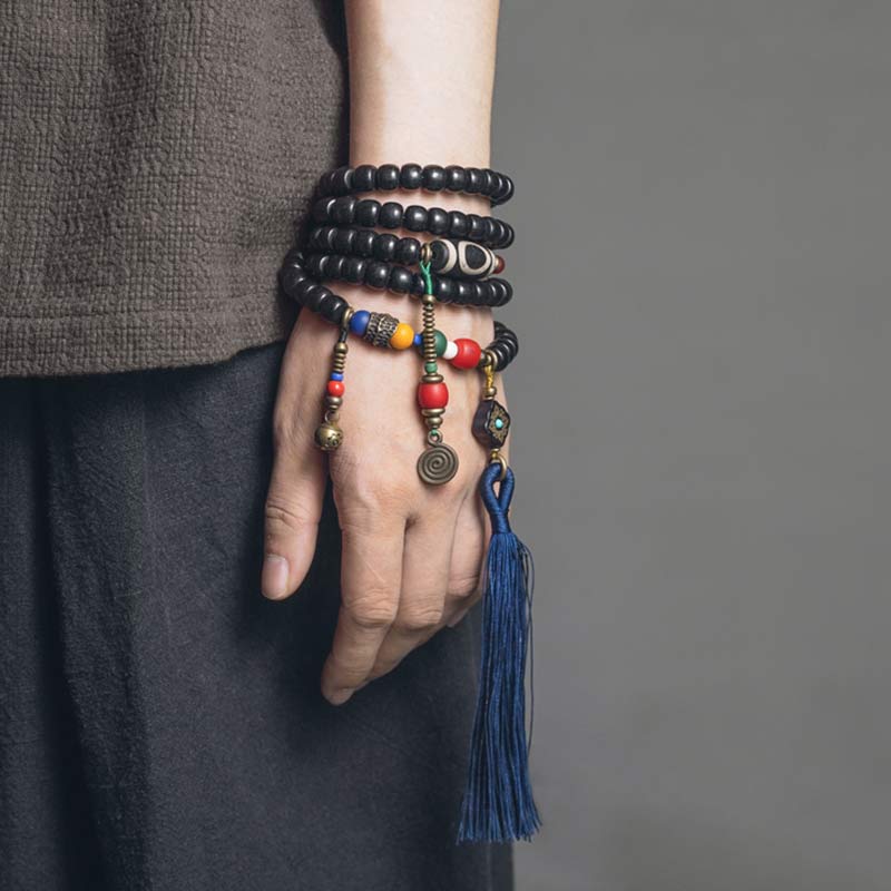 Buddha Stones 108 Koraliki Mala Ebony Drewno Dzi Koralik Miedź Równowaga Tassel Bransoletka - image 3
