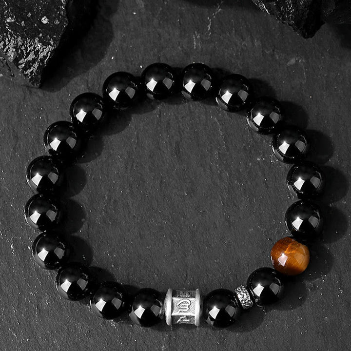 Buddha Stones 999 Srebro Sterlingowe Czarny Obsydian Tygrysie Oko Bransoletka Spełnienie Om Mani Padme Hum