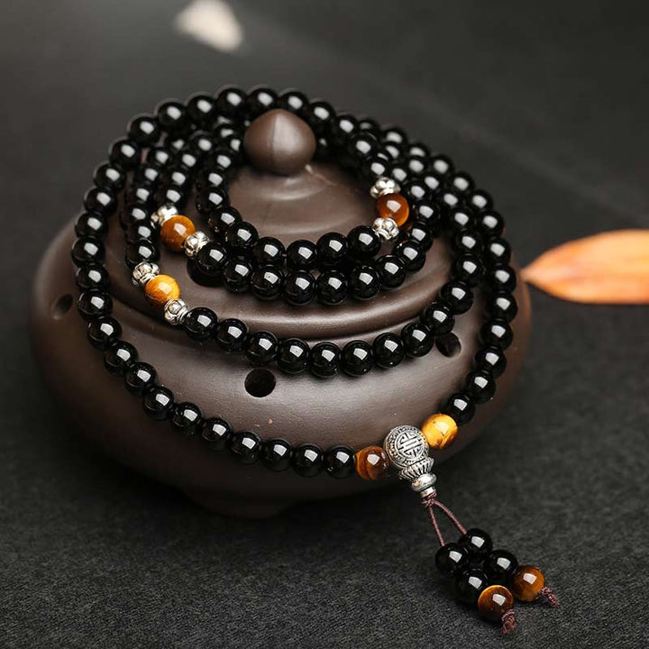 Bransoletka Mala z Błogosławieństwem Buddha Stones z Czarnego Obsydianu i Tygrysiego Oka