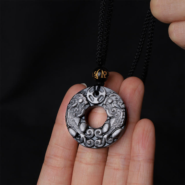 Buddha Stones Naturalny Srebrny Połysk Obsydian Podwójny PiXiu Miedziana Moneta Pokój Klamra Ochrona Naszyjnik Wisiorek - image 5